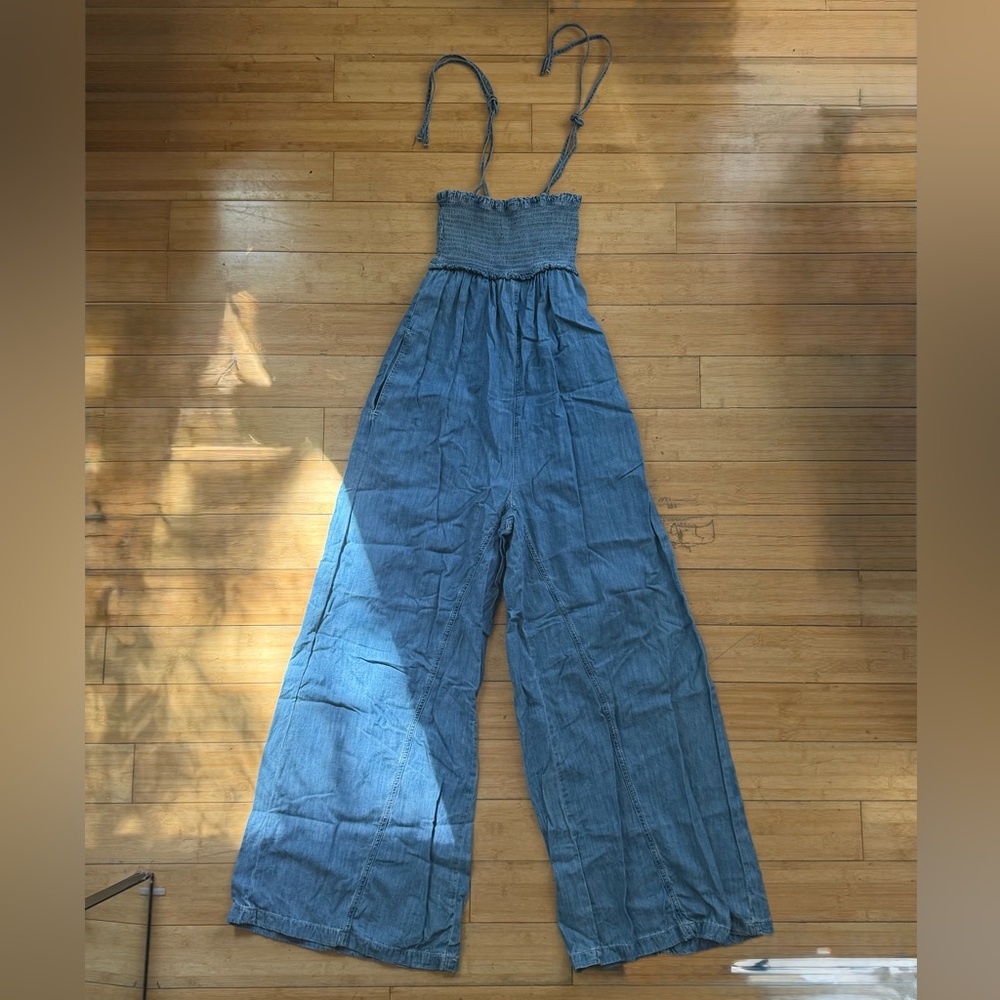 We The Free Light Blue Smocked Denim Wide Leg Romper with Pockets